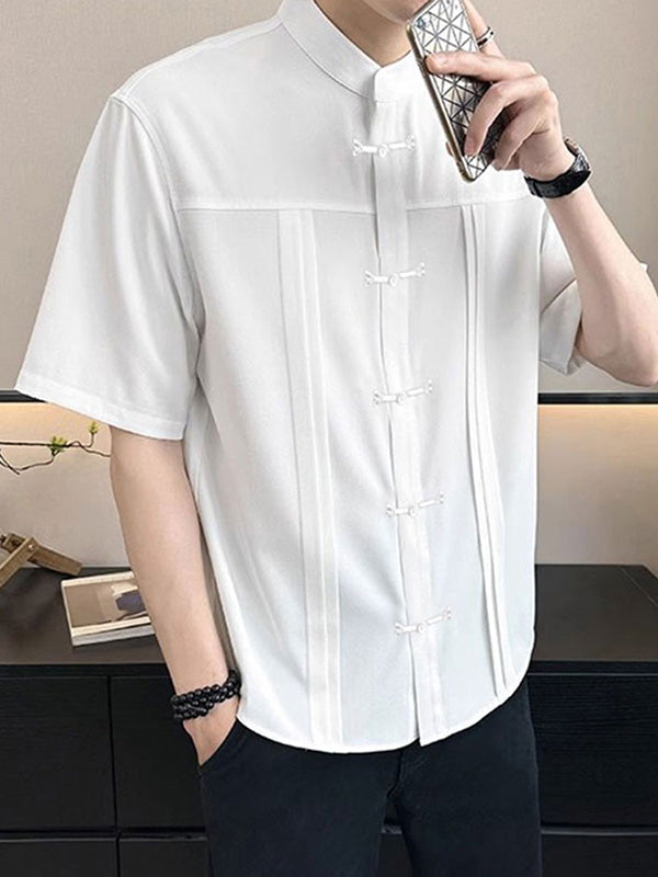 Mens Solid Color Pleated Design Short Sleeve Shirt SKUK63614