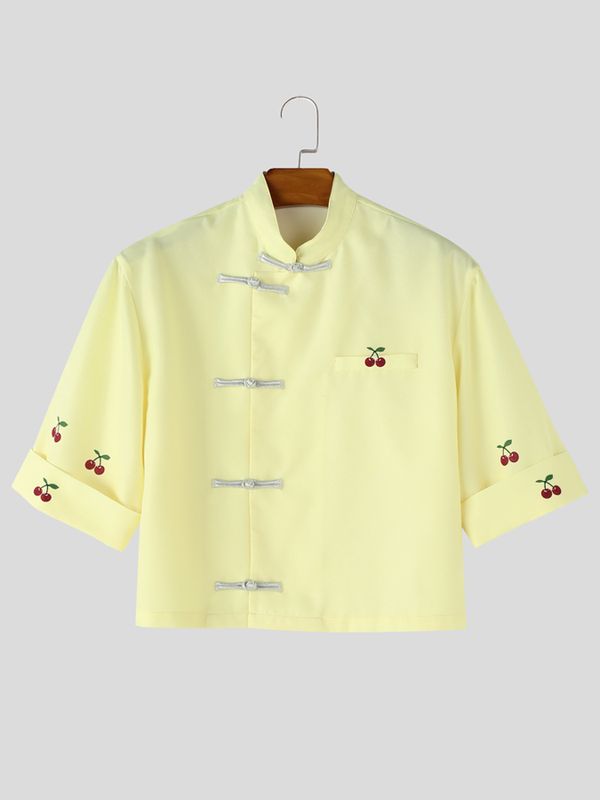 Men's Modern Chinese Mandarin Collar Frog Button Cherry Print Cropped Short Sleeve Shirt SKUL60983