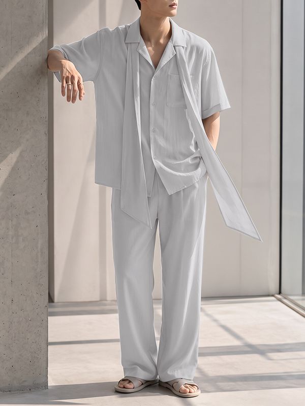 Men's Avant-Garde Romantic Flowy Tie-Neck Short Sleeve Shirt SKUL74630