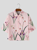 Men's Vintage Floral Botanical Print Cropped Short Sleeve Resort Shirt SKUL68331