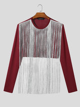 Men's Silver Tassel Patchwork Cropped Long Sleeve T-Shirt SKUL23924