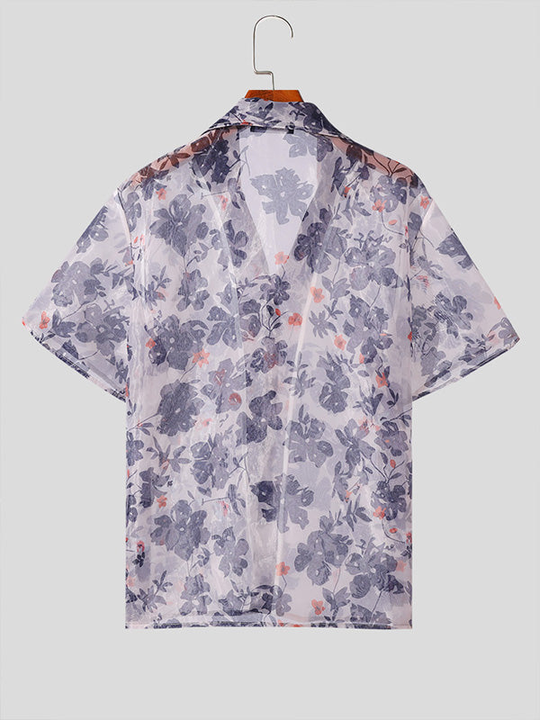 Mens Floral Print Sheer Short Sleeve Shirt SKUK68920