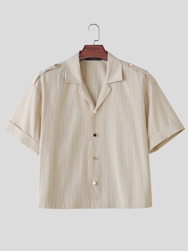 Men's Casual Holiday Striped Epaulet Crop Short Sleeve Shirt SKUL76409