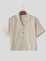 Men's Casual Holiday Striped Epaulet Crop Short Sleeve Shirt SKUL76409