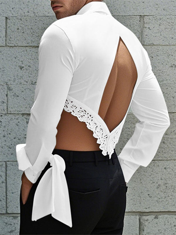 Mens Lace Patchwork Hollow-Out Long Sleeve Shirt SKUK96878