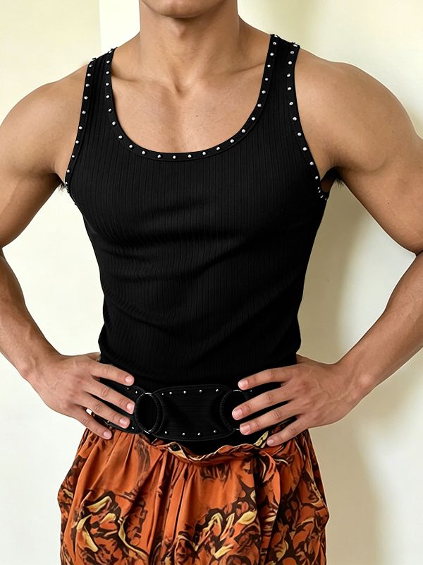 Men's Vintage Heavy Studded Eyelet O-Ring Ribbed Fitted Muscle Tank SKUL63008