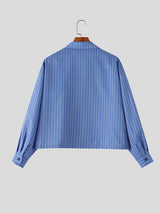 Men's Urban Retro Pinstripe Cuban Collar Boxy Cropped Long Sleeve Shirt SKUL76496