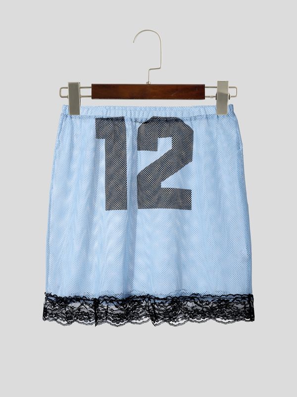 Men's Avant-Garde One-Shoulder Number Print Mesh Ruffle Lace Hem Tank SKUL54411