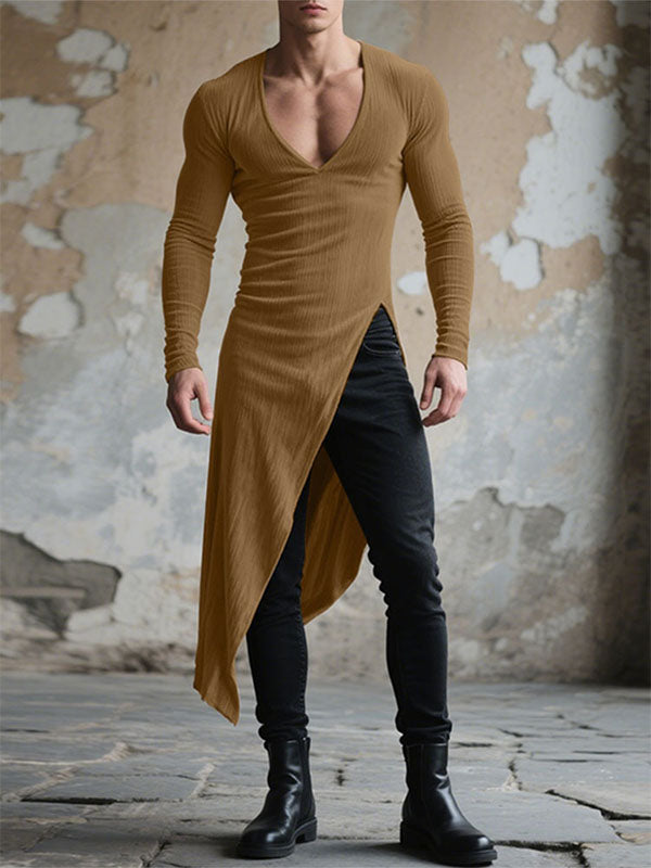 Mens Textured Deep V-Neck Long Sleeve T-Shirt SKUL24719
