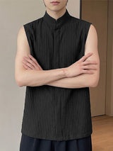 Men's Minimalist Textured Pleated Stand Collar Sleeveless Shirt SKUL72735