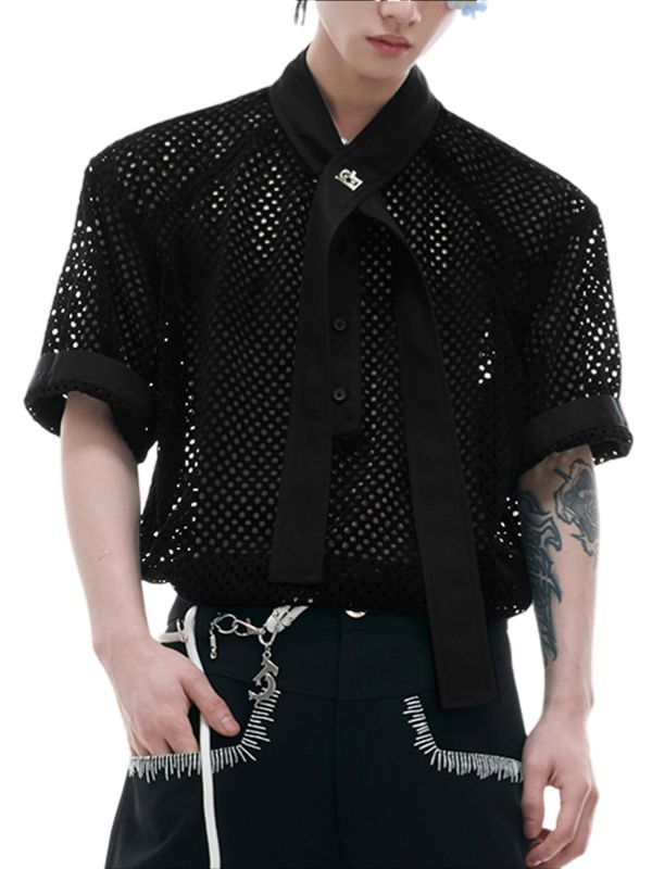 Men's Sheer Mesh Short Sleeve Tie Shirt SKUL41659