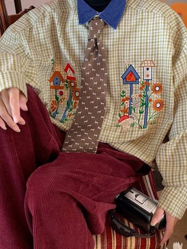 Men's Cartoon Print Plaid Contrast Collar Long Sleeve Shirt SKUL42673