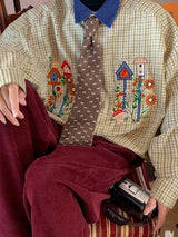 Men's Cartoon Print Plaid Contrast Collar Long Sleeve Shirt SKUL42673