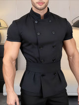 Men's Solid Waist Stand Collar Short Sleeve Shirt SKUL38952