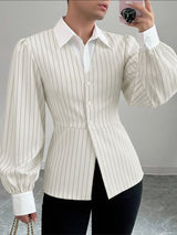 Men's Striped Color Block Cinched Waist Long Sleeve Shirt SKUL41383
