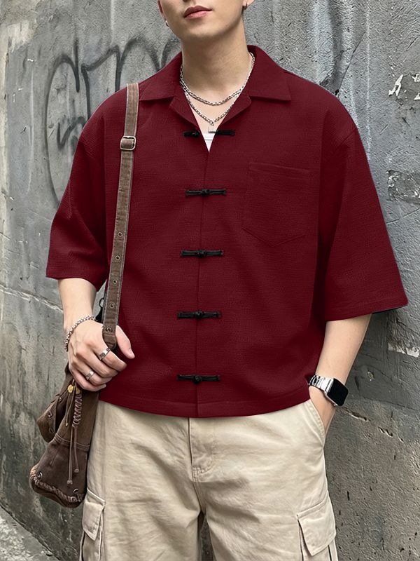 Men's Waffle Plaid Frog Button Half Sleeve Shirt SKUL55367