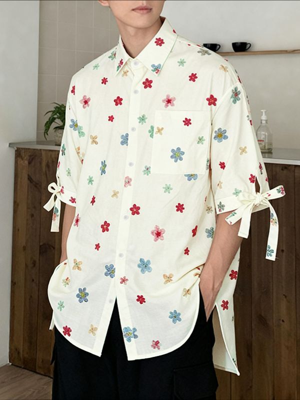 Men's Floral Print Bow Tie Half Sleeve Shirt SKUL41031