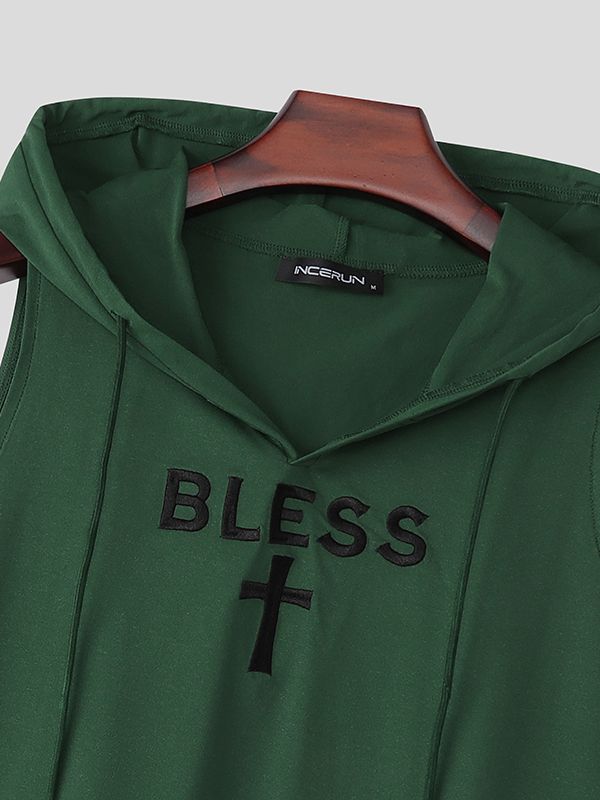 Men's American High-Street BLESS Cross Graphic Fitted Hooded Tank SKUL73205