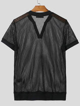 Men's Hollow Sheer Stand Collar Short Sleeve Shirt SKUL58825