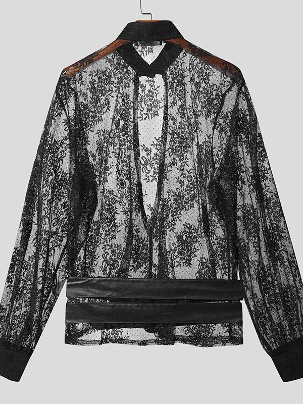 Men's Leather Strap Sheer Lace Long Sleeve Shirt SKUL47892
