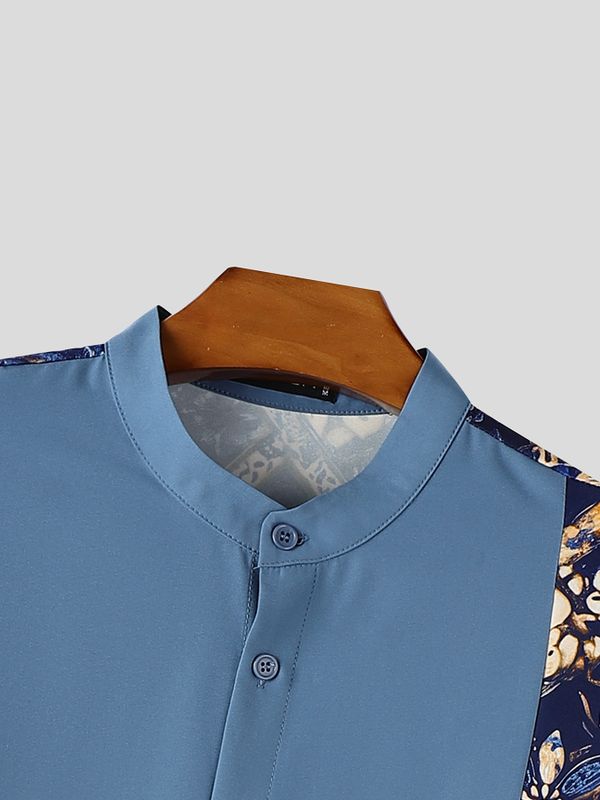 Men's Modern Neo-Chinese Batik Graphic Print Contrast Panel Drop Shoulder Short Sleeve Shirt SKUL73744