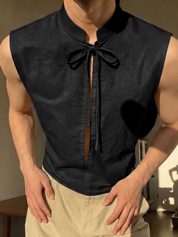 Men's Avant-Garde Neo-Chinese Open-Slit Tie-Front Mandarin Collar Tank SKUL75616