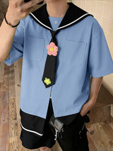 Men's Contrast Color Floral Sailor Collar Tie Shirt SKUL41283