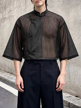 Men's Vintage Modern Chinese Mandarin Collar Sheer Mesh Cropped Frog Button Short Sleeve Shirt SKUL67081