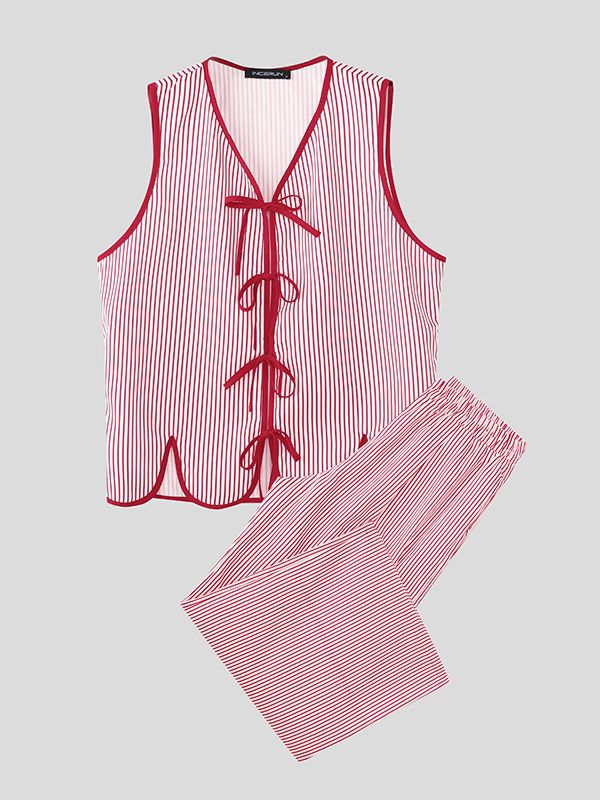 Men's Lace Up Patchwork Striped Two Pieces Outfit SKUL45397