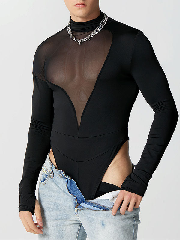 Mens Mesh Patchwork See Through Half-Collar Bodysuit SKUK37393