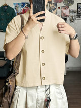 Men's Solid Color V-Neck Short Sleeve Shirt SKUL55448