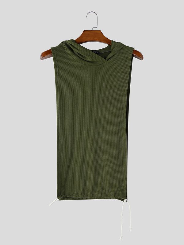 Men's Avant-Garde Resort Open Side Cutout Drawstring Hem Ribbed Sleeveless Hooded Tank SKUL78122