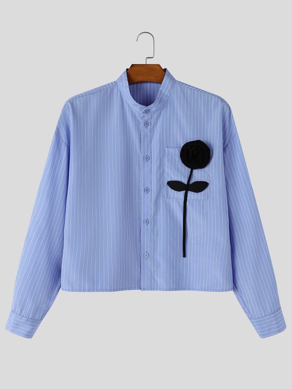Men's Romantic Avant-Garde 3D Rose Appliqué Cropped Pinstripe Mandarin Collar Shirt SKUL79629