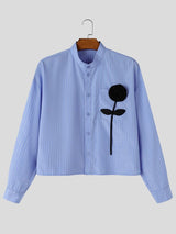 Men's Romantic Avant-Garde 3D Rose Appliqué Cropped Pinstripe Mandarin Collar Shirt SKUL79629