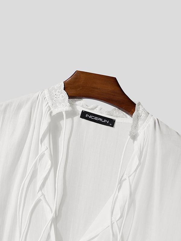 Men's Drawstring Design Ruffle Edge Long Sleeve Shirt SKUL47637