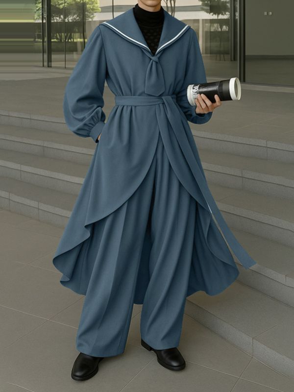 Men's Solid Color Long Hem Sailor Collar Two Pieces Outfit SKUL32863