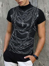 Men's Gothic Rock 3D Trompe L'oeil Chains and Cross Print Fitted Mock Neck T-shirt SKUL64277