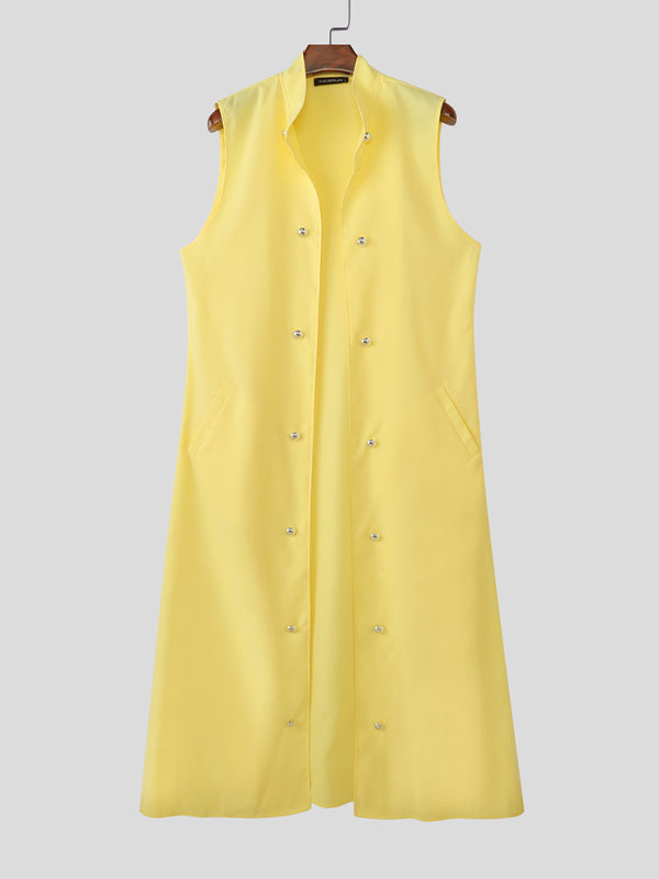 Mens Metal Buckle Patchwork Long Hem Sleeveless Cardigan SKUL23499