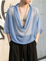 Men's Avant-Garde Romantic Deep Cowl Neck Sheer Mesh Loose Short Sleeve T-shirt SKUL69688