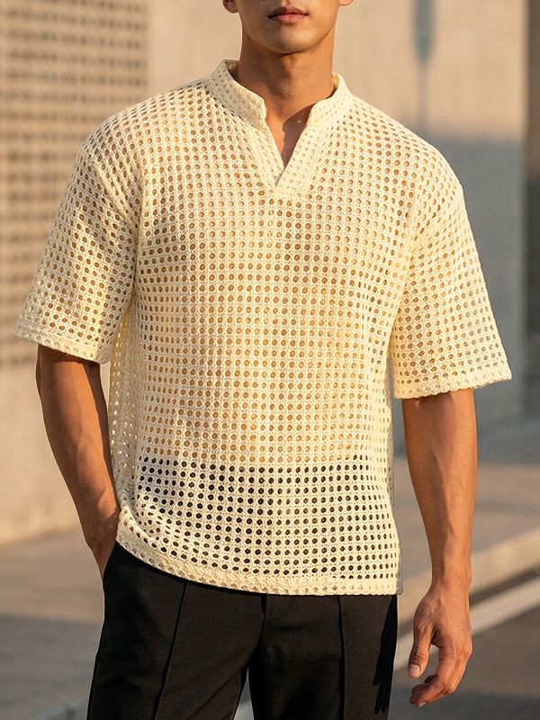 Men's Sheer Mesh Stand Collar Short Sleeve T-shirt SKUL59482