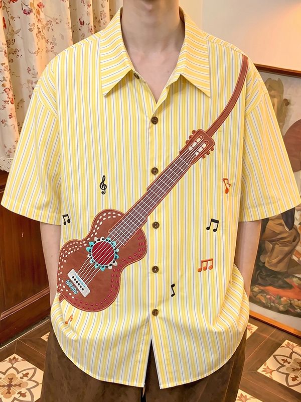 Men's Vintage Striped Guitar Print Turn Down Collar Dropped Shoulder Short Sleeve Shirt SKUL74461