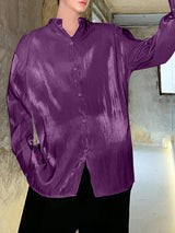 Mens Shiny Solid Color Backless Long Sleeve Shirt SKUK85545