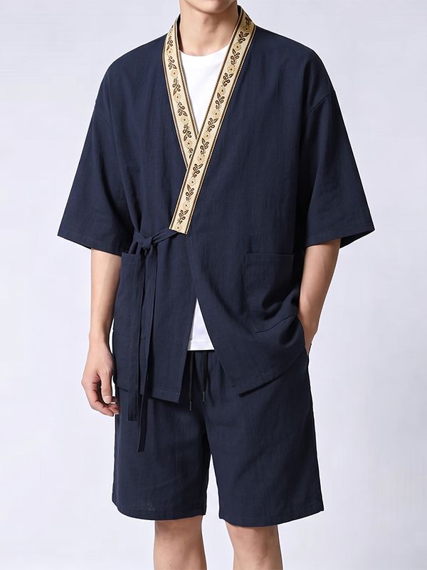 Men's Japanese Zen Style Kimono Wrap Two Pieces Outfit SKUL74793