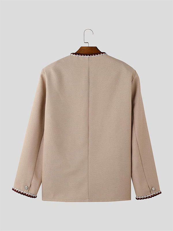 Mens Solid Color Checkered Long Sleeve Cardigan SKUK84778