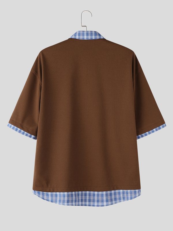 Men's Vintage Japanese Cityboy Aesthetic Fake Two-Piece Plaid Layered Polo Shirt SKUL70203