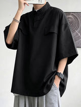 Men's Modern Chinoiserie Mock Neck Asymmetric Tab Button Utility Short Sleeve Shirt SKUL68246