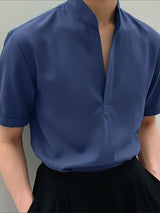Men's Solid Color Stand Collar Short Sleeve Shirt SKUL49921
