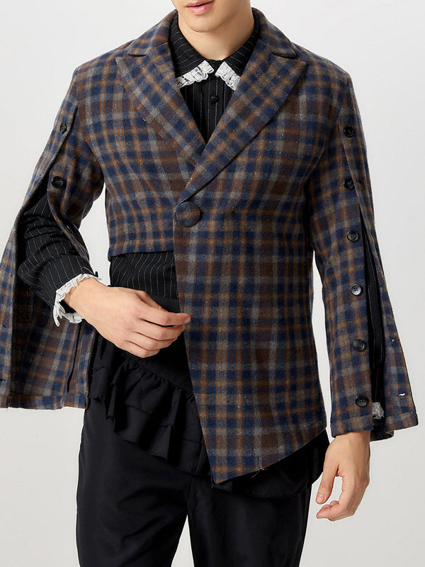 Mens Asymmetrical Hem Plaid Long-Sleeve Blazer SKUK81208