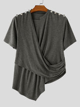 Men's Avant-garde Fashion Draped Metal Button Asymmetric Short Sleeve T-shirt SKUL66864