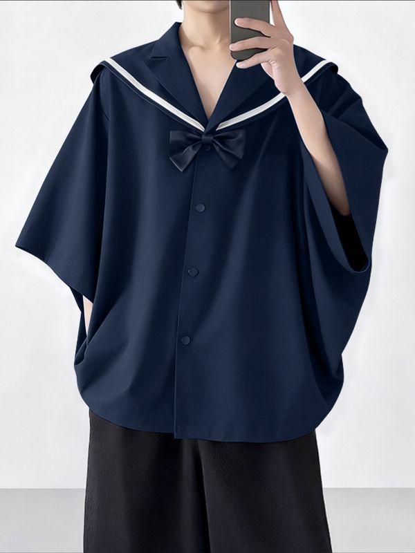 Men's Bow Patchwork Sailor Collar Casual Shirt SKUL41389